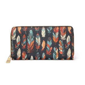 Boho Federn Leder Geldbörse Frauen, Vegan Reißverschluss Zip rund Münzen Kreditkarten Tasche Bargeld Damen Beutel Slim Clutch Geldbörse Geschenk