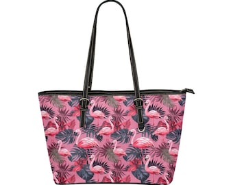Pink Flamingo Leather Tote Bag, Tropical Purse Small Large Vegan shoulder Zip on Top Designer Women Ladies Work Laptop Handbag