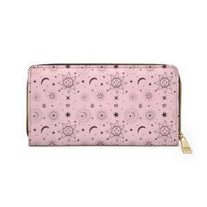 Carteira de couro constellation feminina, sol lua rosa vegan zíper zíper em torno de moedas cartões de crédito bolso dinheiro senhoras bolsa de embreagem fina