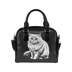 Cute Cat Purse, Animal Fluffy Kitten Black White Kitty Print Small Shoulder Bag Vegan Leather Women Designer Handbag Ladies Crossbody