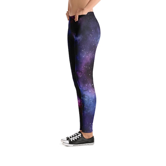 Galaxy Purple Women Leggings, Yoga Outer Space Print Pants Cosmic