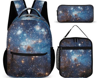Galaxy Backpack Lunch Bag Pencil Case Kit, Space Universe Stars Matching Kids Boys Girls Books School Waterproof Pockets Laptop Insulated