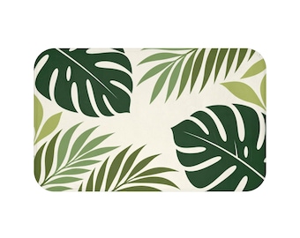 Monstera Leaf Bath Mat, Abstract Tropical Green Memory Foam Shower Bathroom Decor Non Slip Floor Large Small Washable Quick Dry Luxury Rug