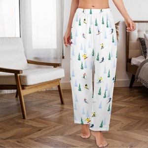 Ski Women Pajamas Pants, Snowboard Skier Pine Trees Snow Winter Sports Satin PJ Funny Pockets Trousers Couples Matching Ladies Bottoms