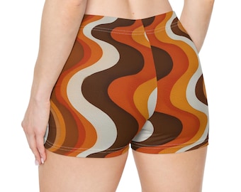 70s Wavy Striped Women Shorts, Brown Disco Retro Yoga Biker Sport Workout Gym Festival Running Moisture Wicking Ladies Spandex Bottoms