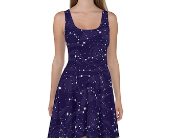 Starry Night Skater Dress, Blue Navy Galaxy Constellation Space Stars Cute Festival Party Tank Dresses Summer Alternative Clothing Celestial