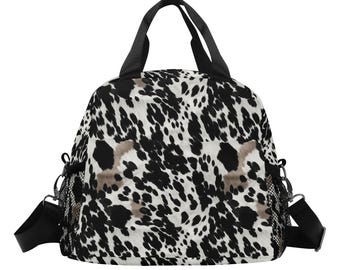 Cow Print Insulated Lunch Box Bag, Black White Brown Cute Food Container Adult Kids Women Teens Men Black School Work Handbag