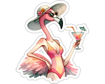 Cocktail Flamingo Sticker Decal, Pink Funny Character Water Art Vinyl Laptop Cool Waterbottle Tumbler Car Waterproof Bumper Clear Aesthetic