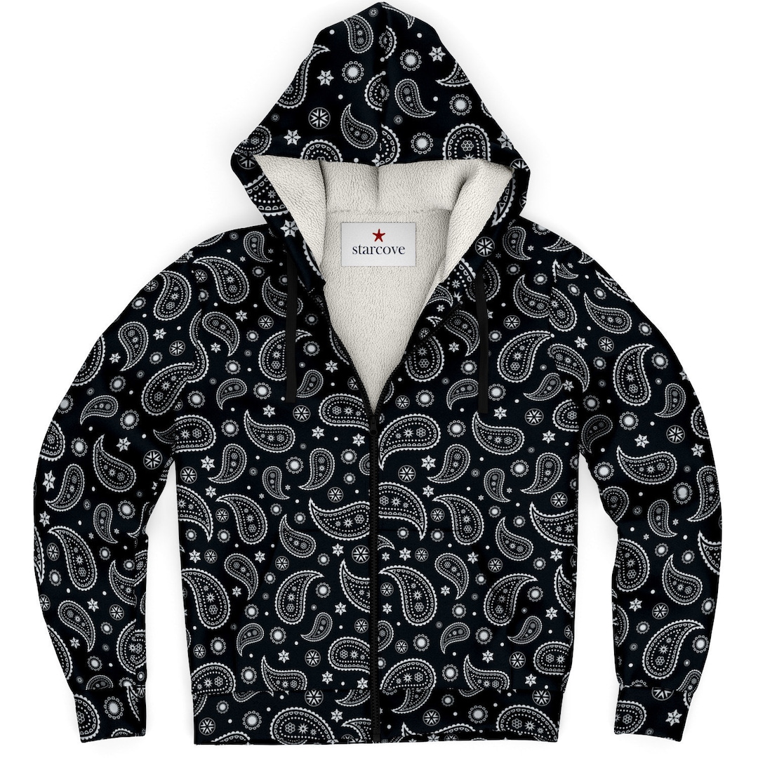 Black Paisley Zip up Fleece Lined Hoodie, Bandana Black Paisley Zip up Fleece Lined Hoodie, Bandana