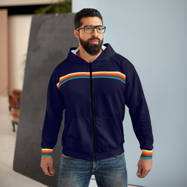 Sweat à capuche entièrement zippé à rayures rétro des années 70, bleu marine vintage rayé arc-en-ciel poche zippée hommes femmes unisexe esthétique graphique polaire sweat à capuche image 3