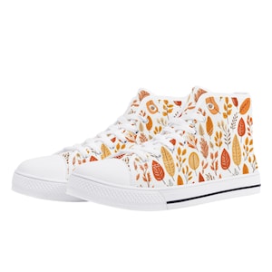Fall Leaves Women High Top Shoes, Autumn Brown Lace Up Sneakers Footwear Canvas Streetwear Ladies Girls White Black Trainers Designer Gift