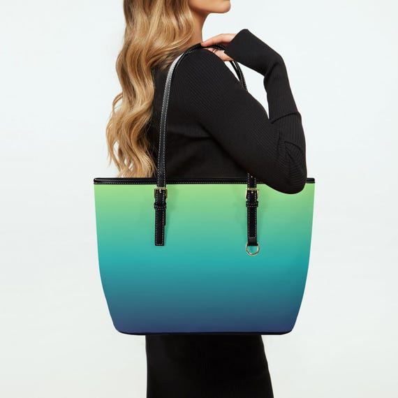 Blue Green Ombre Tote Bag Purse, Gradient Tie Dye Art Women Vegan Leather Handbag Zip on Top Designer Handmade Shoulder Ladies Bag