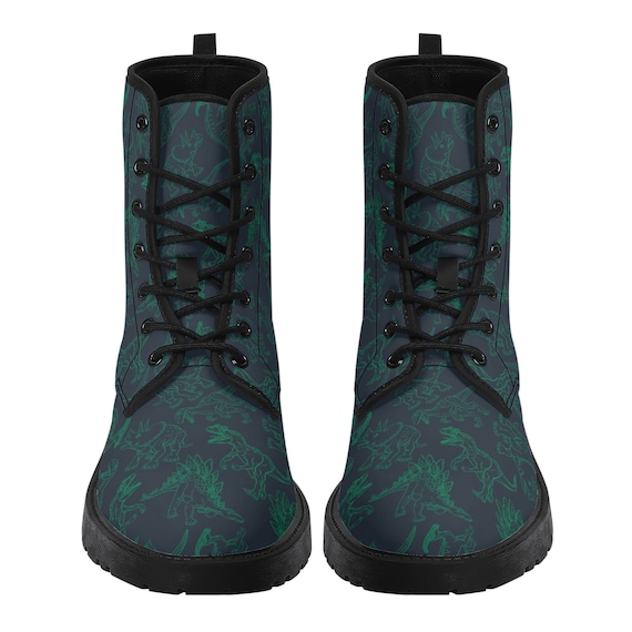 Dino Men Leather Boots, Dinosaur Green Vegan Lace up Adult  display picture 1