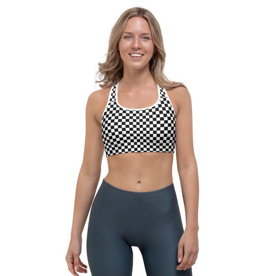 Checkered Sports Bra, Black White Racing Dry Moisture Wicking Yoga Fitness  Exercise Workout Designer Training Top for Women 