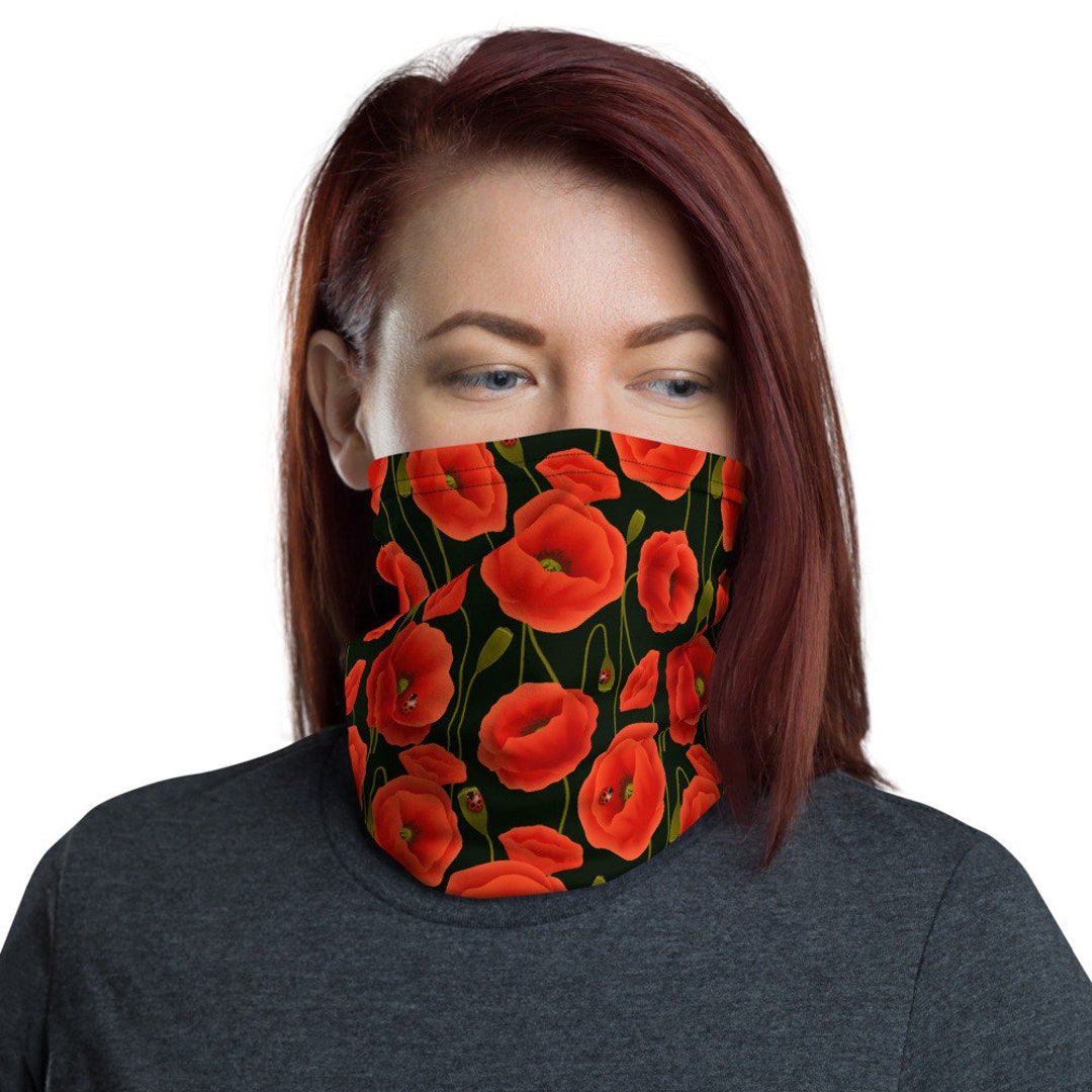 Flower Popy Mask Wild Poppy Flower Face Mask Neck Gaiter, Red Floral Face Cover Scarf ...