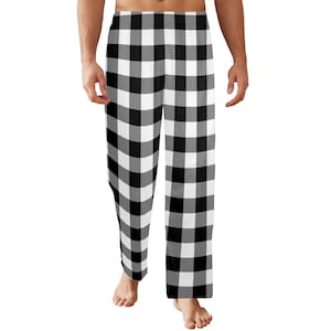 Black White Buffalo Plaid Men Pajamas Pants, Tartan Check Christmas Xmas Satin PJ Pockets Sleep Trousers Couples Matching Trousers Bottoms