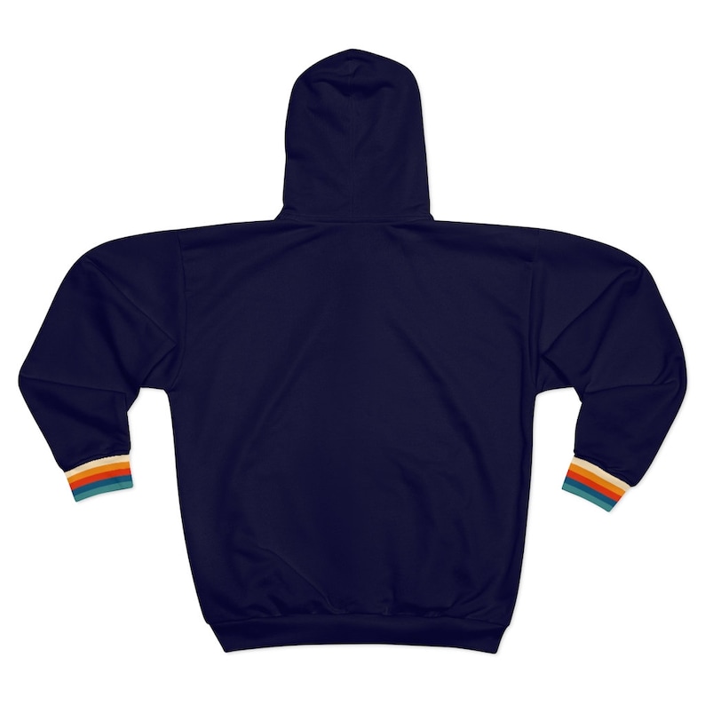 Sweat à capuche entièrement zippé à rayures rétro des années 70, bleu marine vintage rayé arc-en-ciel poche zippée hommes femmes unisexe esthétique graphique polaire sweat à capuche image 2