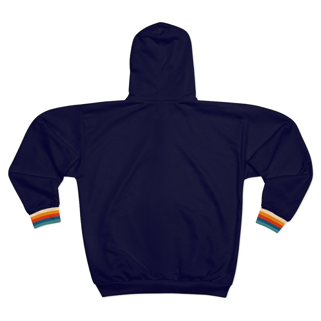 70s Retro Stripe Full Zip up Hoodie, Navy Vintage Rainbow