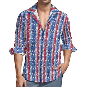 Red White Blue Stripes Stars Long Sleeve Men Button Up Shirt, America Flag Guys Print Buttoned Down Collared Casual Dress Shirt Chest Pocket