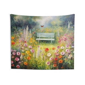 Flower Garden Tapestry, Impressionist Nature Wall Art Hanging Cool Unique Landscape Aesthetic Large Small Decor Bedroom Dorm Room