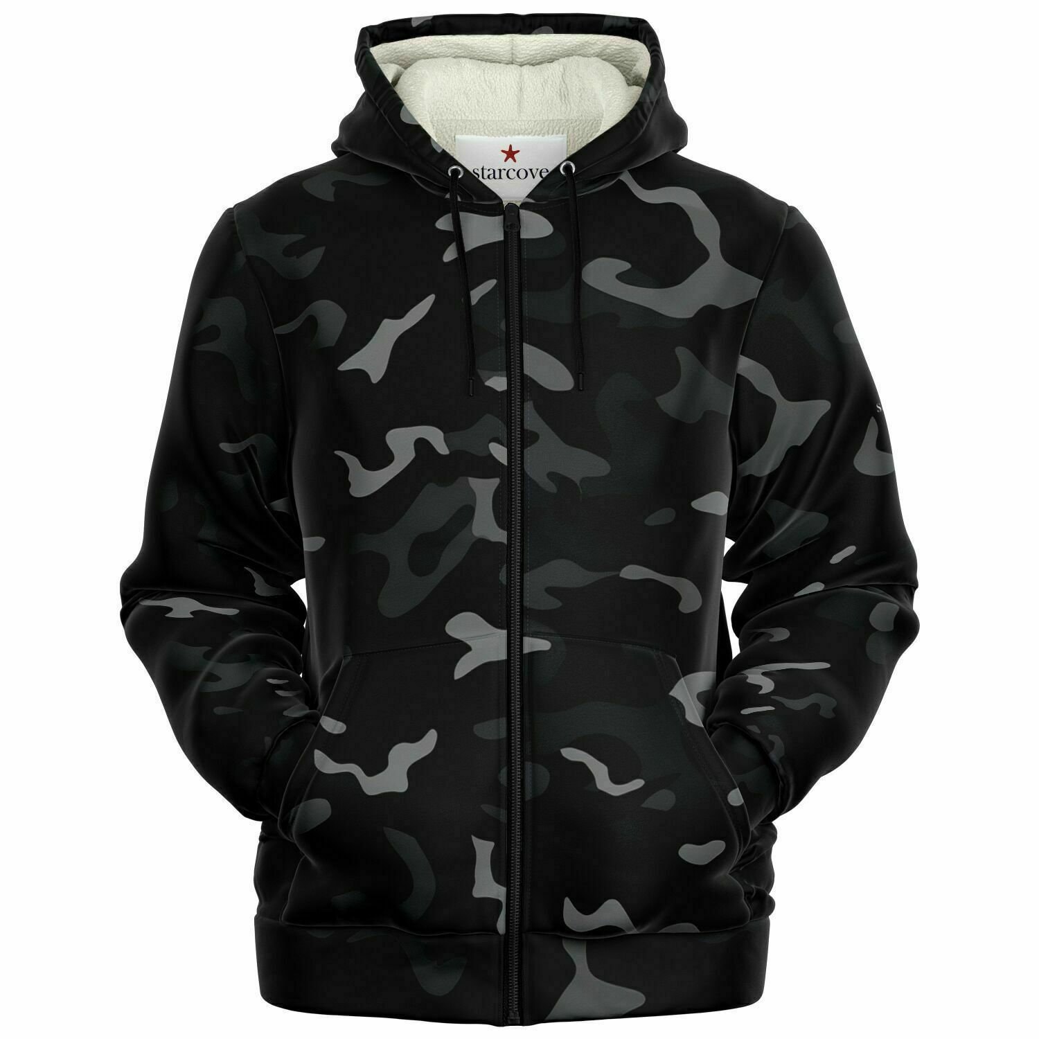 Black Camo Zip up Fleece Lined Hoodie, Grey Camouflage Heavyweight