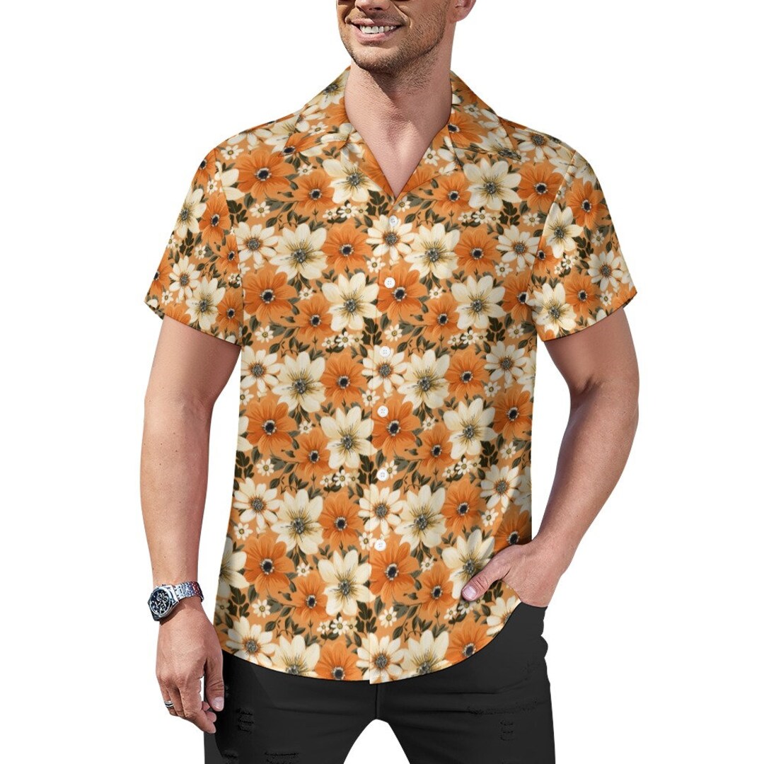 Retro Floral Men Button up Shirt Wide Collared, Orange 1970's Seventies Vintage Flowers Short Sleeve Print Casual Buttoned Down Guys - Etsy il 1080xN.5367107598 5dzb