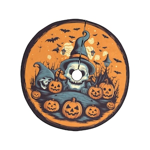 ハロウィンツリースカート オレンジ ブラック スカル ウィザード ゴースト クリスマススタンド ベースカバー ホームデコレーション デコレーション オールハロウズイブ 不気味なパーティー
