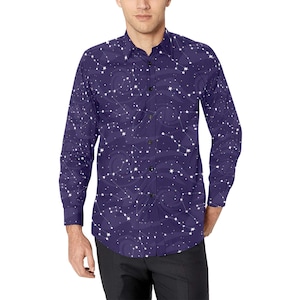 Sternbild Weltraum Langarm Männer Hemd mit Knöpfen, Universum Galaxy Lila Sterne Print Geknöpft Kragen Casual Dress Shirt Brusttasche