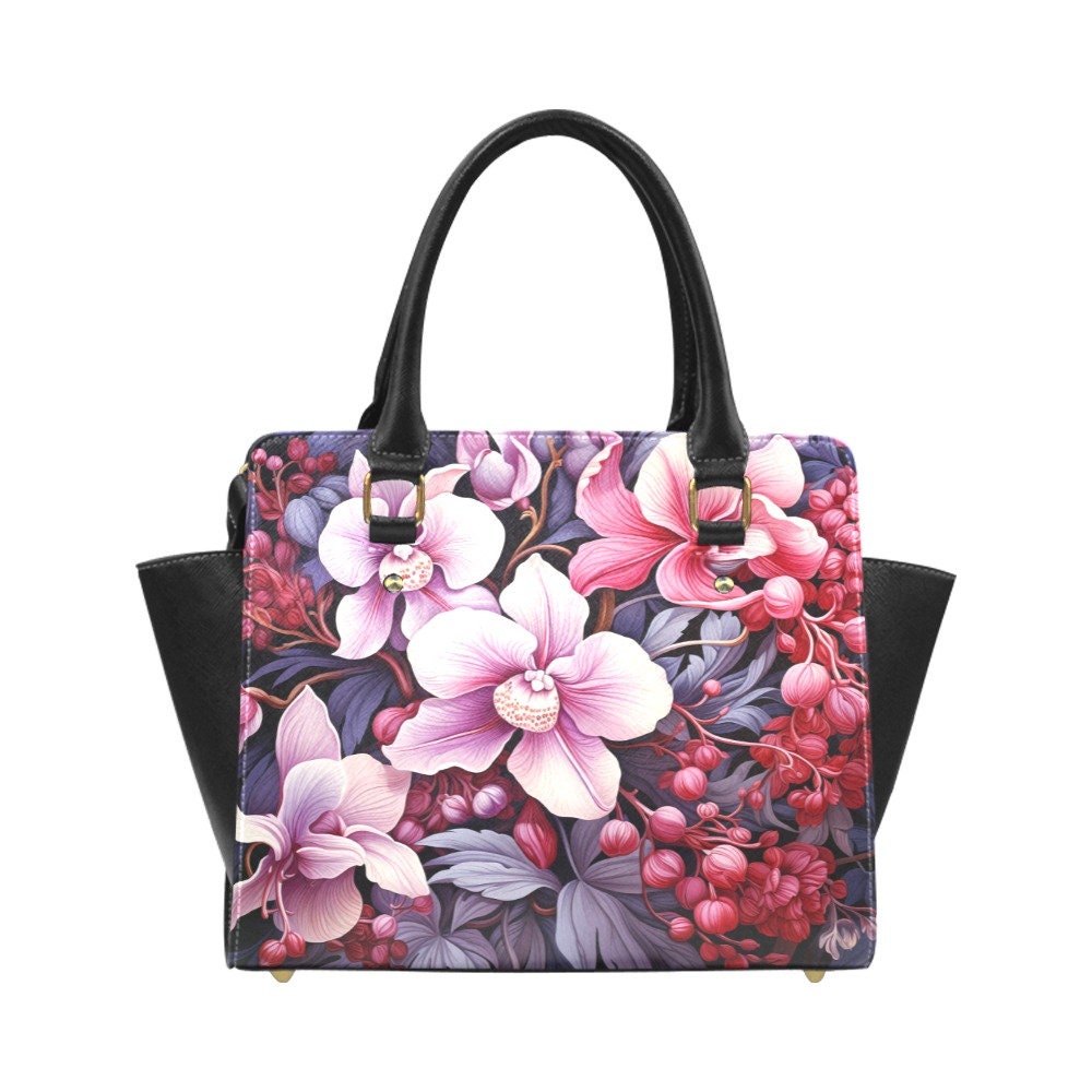 Orchids Floral Purse Handbag, Cute Flowers Pink Vegan