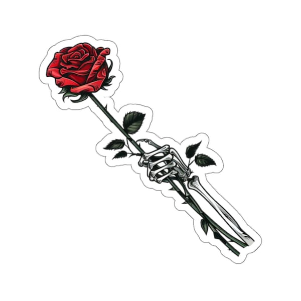 Skeleton Hand Red Rose Sticker, Skull Flower Tattoo Transparent Cute Decal Phone Goth Clear Small Large Helmet Cool Art Computer Vinyl