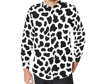 Cow Print Long Sleeve Men Button Up Shirt, Black White Animal Guys Male Print Buttoned Down Collared Graphic Casual Dress Shirt