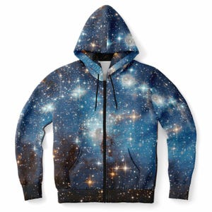 Galaxy Space Zip Up Hoodie, Universe Blue Stars Full Zipper Pocket Men Women Unisex Adult Aesthetic Graphic Cotton Fleece Hooded Sweatshirt