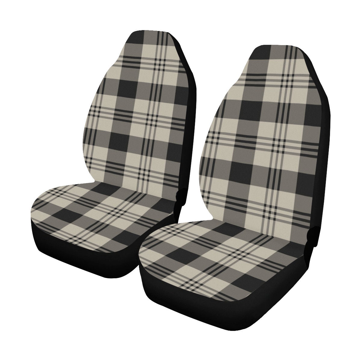 Karierte Auto Sitzbezüge Set 2-tlg., Tartan Buffalo Karos schwarz beige  Muster Vordersitz SUV Hundeschutz Accessoire Dekoration Canvas -   Österreich