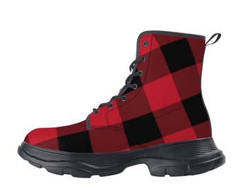 Red and Black Buffalo Plaid Men Leather Chunky Boots, Check Lace Up Shoes Hiking Festival Vegan Ankle Combat Work Winter Custom