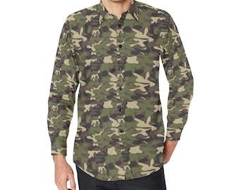 Camouflage Long Sleeve Men Button Up Shirt, Green Camo Tactical Woodland Outdoor Print Casual Dress Buttoned Collar Chest Pocket Lightweight