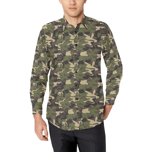 Camouflage Long Sleeve Men Button Up Shirt, Green Camo Tactical Woodland Outdoor Print Casual Dress Buttoned Collar Chest Pocket Lightweight