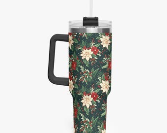 Christmas 40 oz Tumbler with Handle Straw, Green Red Vintage Xmas Berries Stainless Steel Cup Travel Mug Coffee Insulated Sublimation Office