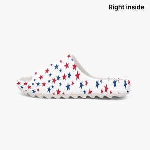 Red White Blue Stars Men Slides Sandals, Patriotic Designer Sliders Beach Shower Shoes Flat Slippers Vegan Casual Comfortable Slip On