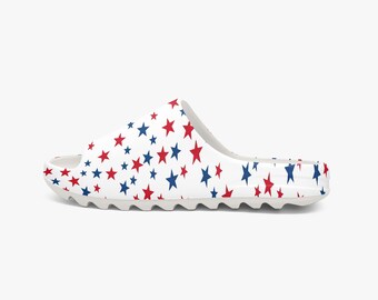 Red White Blue Stars Men Slides Sandals, Patriotic Designer Sliders Beach Shower Shoes Flat Slippers Vegan Casual Comfortable Slip On