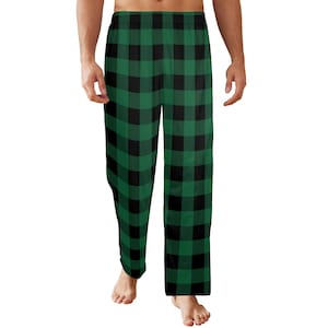 Green Buffalo Plaid Men Pajamas Pants, Black Tartan Check Christmas Xmas Satin PJ Pockets Sleep Trousers Couples Matching Trousers Bottoms