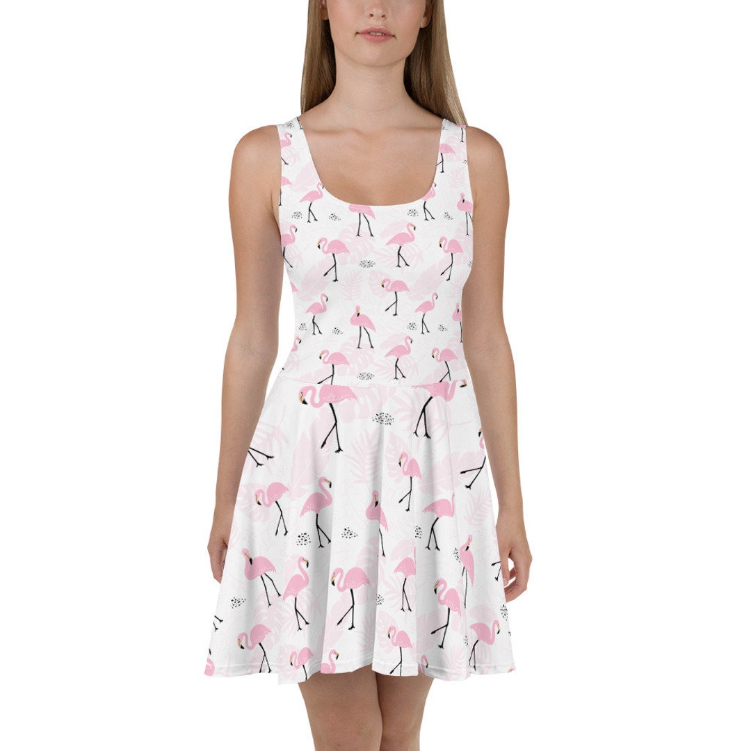 Flamingo Tropical Dress, Cute Pink Miami Beach Leaves, Summer Feather Party Dress, Circle Skater Dress
