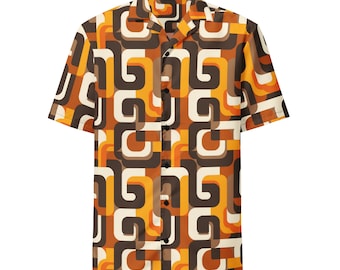 70s Retro Men Button Up Shirt, Geometric Vintage Brown Orange Short Sleeve Print Casual Buttoned Down Summer Hawaiian Collared Designer