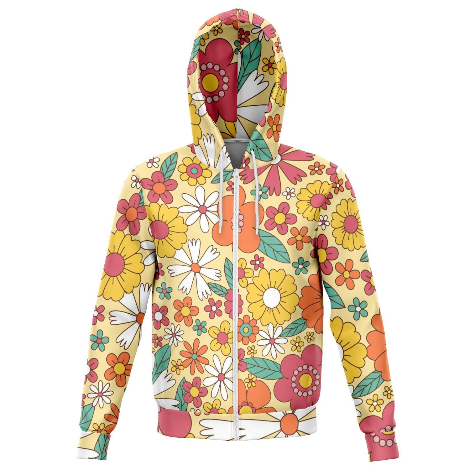 Groovy Flowers Zip up Hoodie, Vintage Retro Floral Front Groovy Flowers Zip up Hoodie, Vintage Retro Floral Front