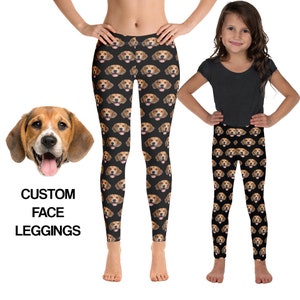 Photo Face Leggings, Dog Cat Pet Custom Yoga Pants Personalized Funny Women Bachelorette Party Workout Gym Plus Size Girls Kids Mommy Me