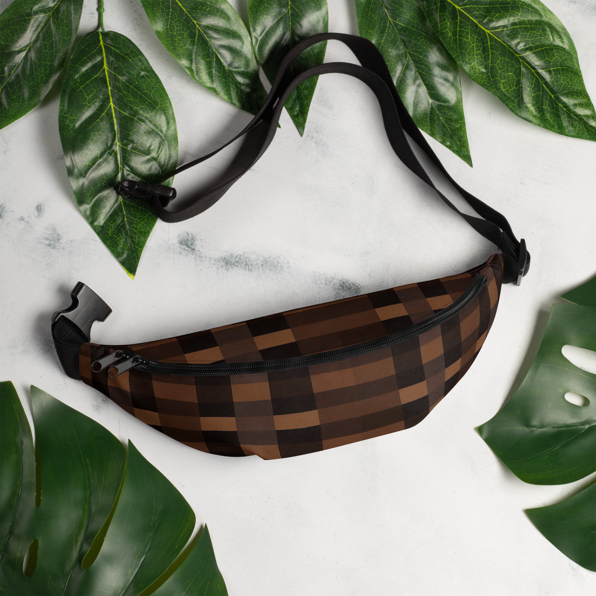 Brown Checkered Fanny Pack, Check Waist Belt Bag Crossbody Women