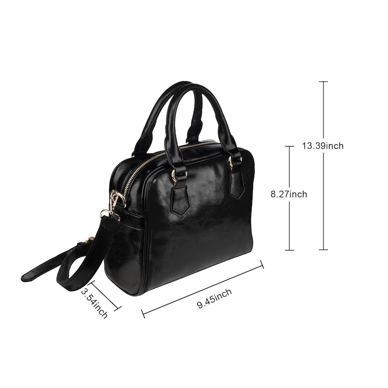 May include: A black leather satchel handbag with a gold zipper and hardware. The bag has a top handle and a detachable shoulder strap. The bag measures 9.45 inches wide, 8.27 inches tall, and 3.54 inches deep.