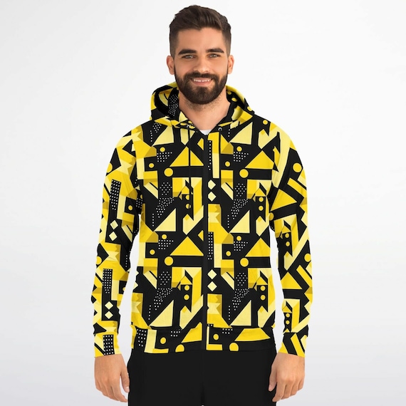 Black Yellow Zip up Hoodie, Geometric Abstract Full Zipper Pocket