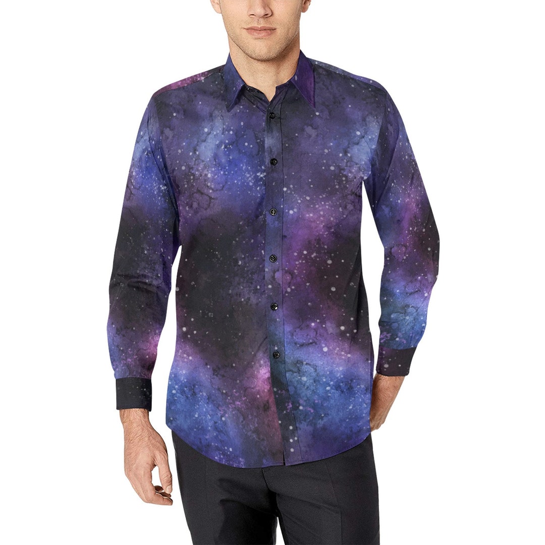 Galaxy Long Sleeve Men Button up Shirt, Space Nebula Geeky