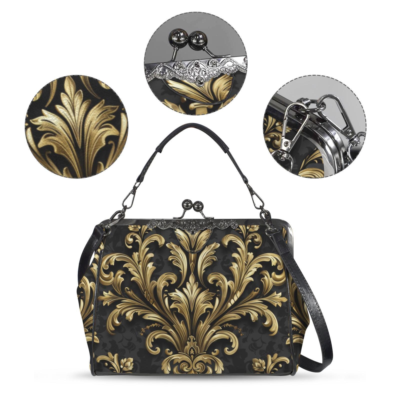 Baroque Kiss Lock Purse Handbag, Retro Black Ornate Gold Print