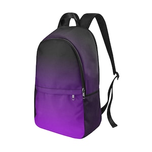 May include: A black and purple ombre backpack with a mesh pocket on the side. The backpack has a zippered front pocket and adjustable straps.